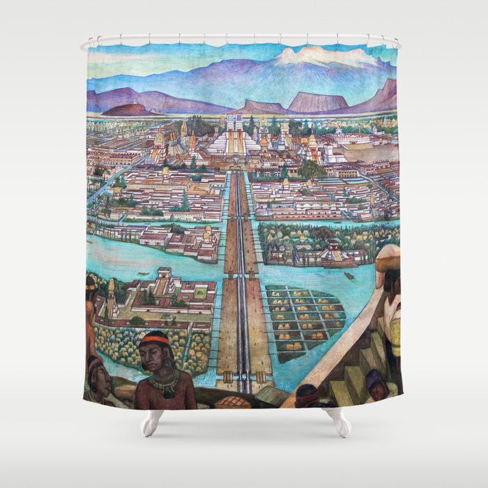 Mural of the Aztec city of Tenochtitlan by Diego Rivera Shower Curtain Gallery Image 1