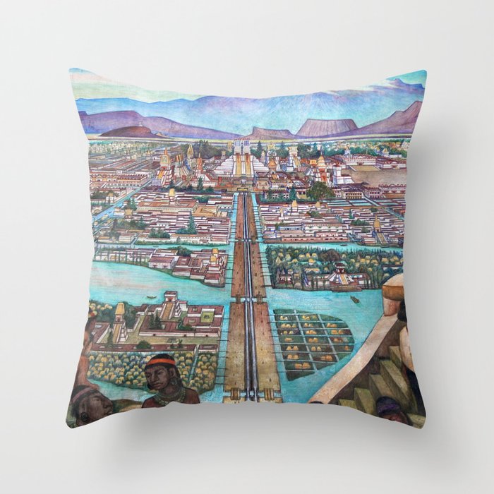 Mural of the Aztec city of Tenochtitlan by Diego Rivera Throw Pillow Gallery Image 6