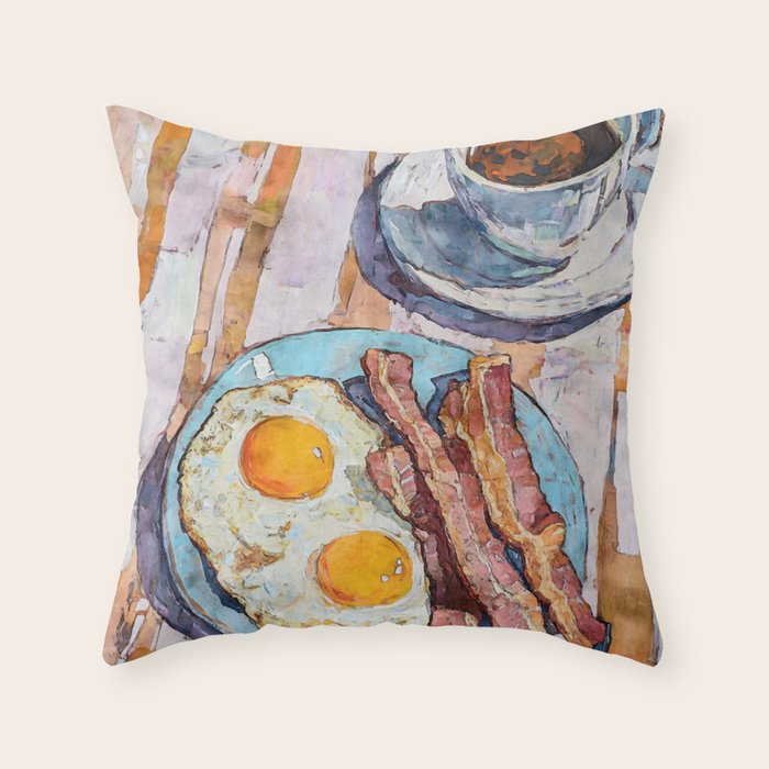 Bacon and Eggs with Coffee Watercolor Breakfast Scene Throw Pillow Gallery Image 1