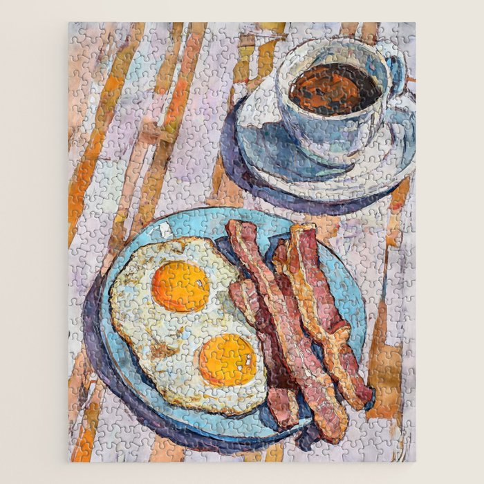 Bacon and Eggs with Coffee Watercolor Breakfast Scene Jigsaw Puzzle Gallery Image 1