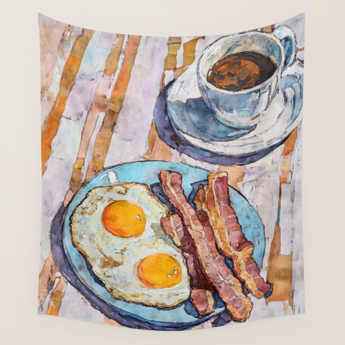 Bacon and Eggs with Coffee Watercolor Breakfast Scene Wall Tapestry Gallery Image 4