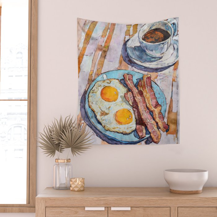 Bacon and Eggs with Coffee Watercolor Breakfast Scene Wall Tapestry Gallery Image 2