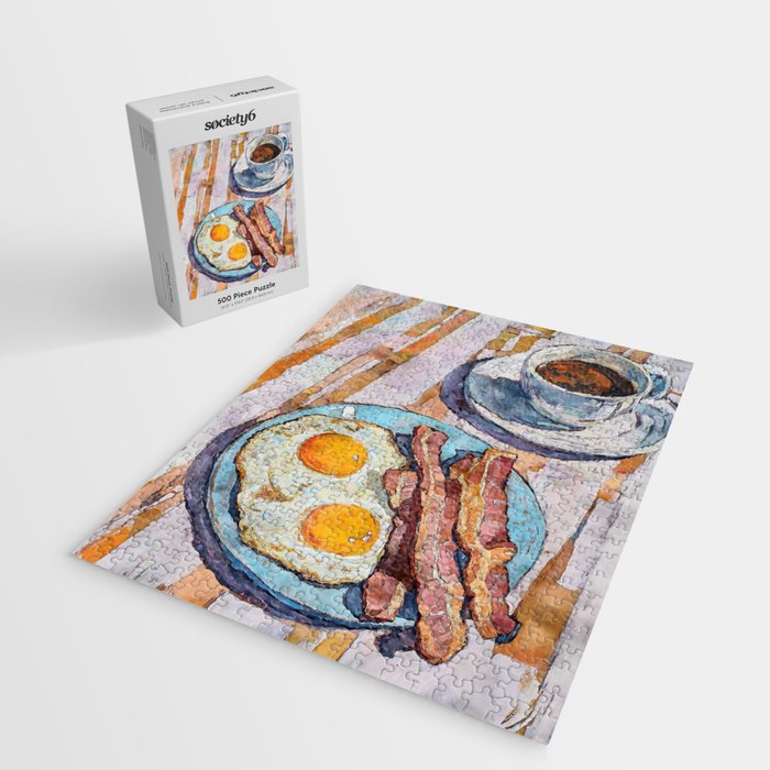 Bacon and Eggs with Coffee Watercolor Breakfast Scene Jigsaw Puzzle Gallery Image 2