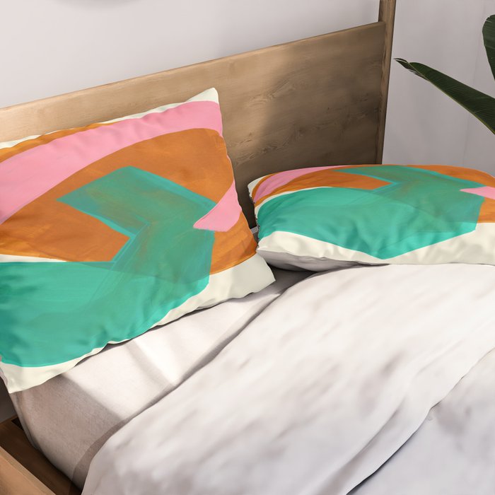 Ochre Pink Marine Green Fun Colorful Mid Century Modern Abstract Painting Shapes Pattern Pillow Sham Gallery Image 2