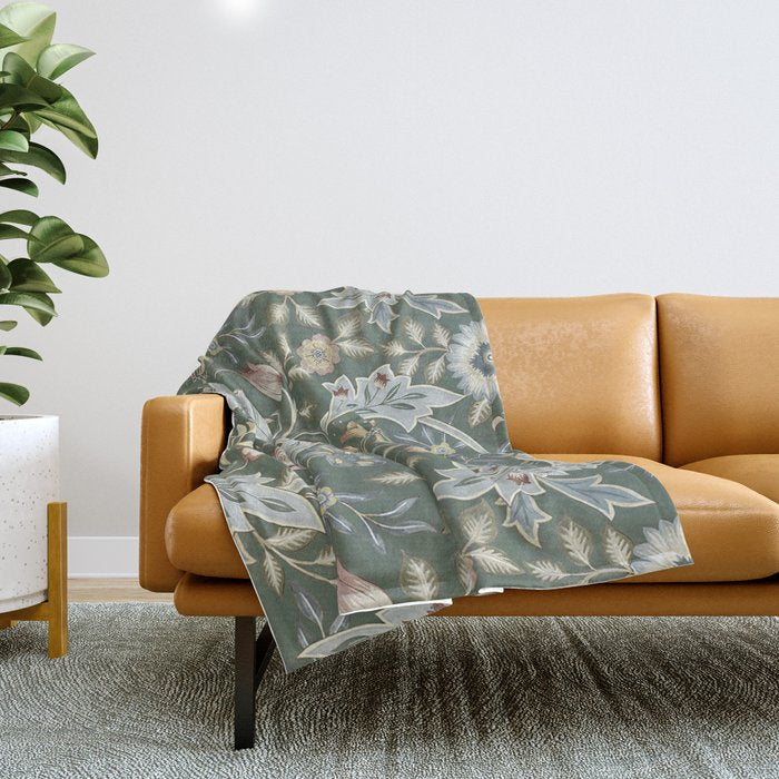William Morris Vintage Orkney Wilhelmina Green Floral Throw Blanket Gallery Image 1