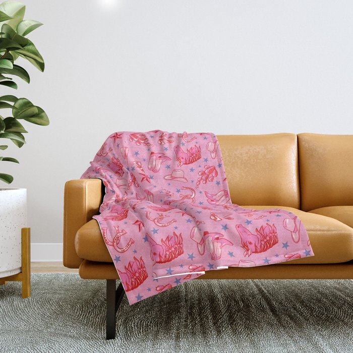 Cowgirl Christmas - pink and red Throw Blanket Gallery Image 1