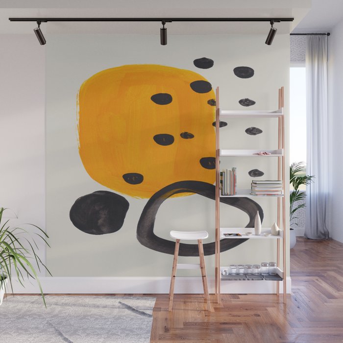 Unique Abstract Unique Mid century Modern Yellow Mustard Black Ring Dots Wall Mural Gallery Image 1