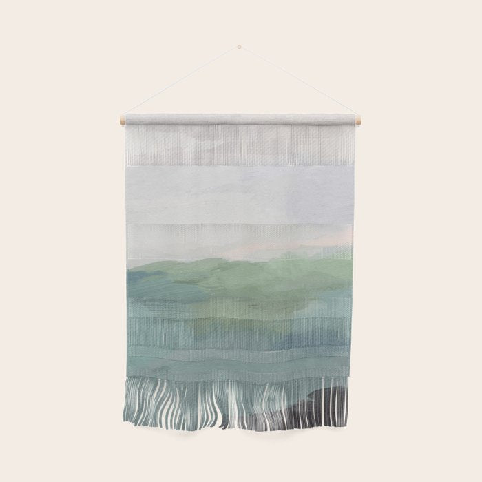 Farmland Sunset I - Seafoam Green Mint Black Blush Pink Abstract Nature Land Art Painting Wall Hanging Gallery Image 1