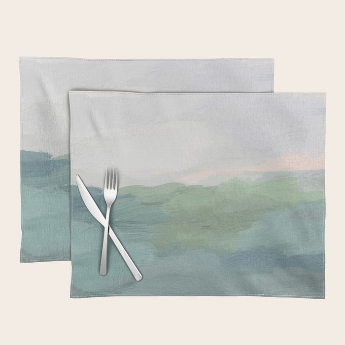Farmland Sunset I - Seafoam Green Mint Black Blush Pink Abstract Nature Land Art Painting Placemat Gallery Image 1