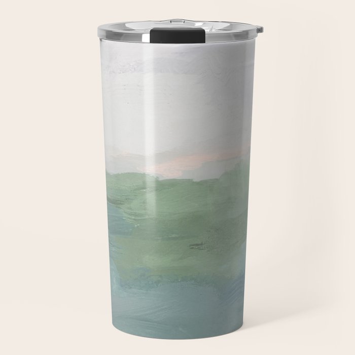 Farmland Sunset I - Seafoam Green Mint Black Blush Pink Abstract Nature Land Art Painting Travel Mug Gallery Image 1