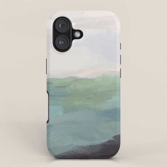 Farmland Sunset I - Seafoam Green Mint Black Blush Pink Abstract Nature Land Art Painting iPhone Case Gallery Image 1