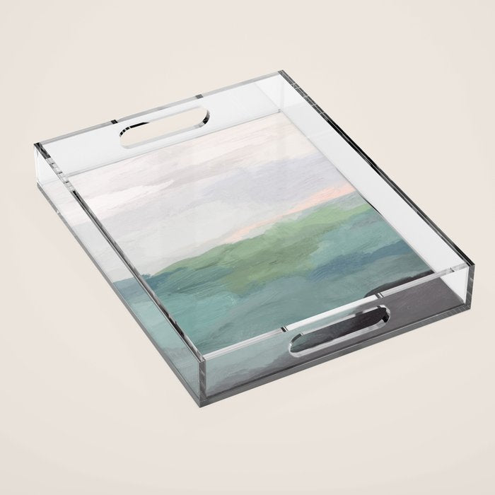 Farmland Sunset I - Seafoam Green Mint Black Blush Pink Abstract Nature Land Art Painting Acrylic Tray Gallery Image 1