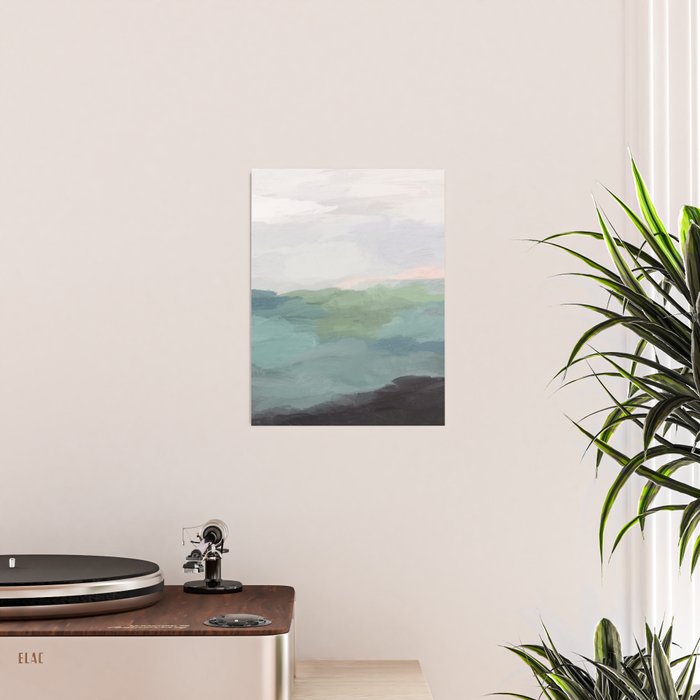 Farmland Sunset I - Seafoam Green Mint Black Blush Pink Abstract Nature Land Art Painting Poster Gallery Image 2
