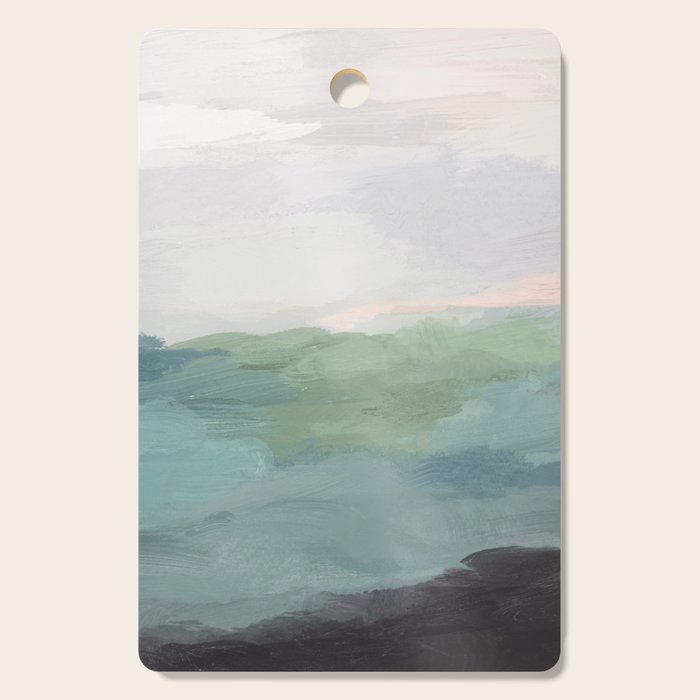 Farmland Sunset I - Seafoam Green Mint Black Blush Pink Abstract Nature Land Art Painting Cutting Board Gallery Image 1