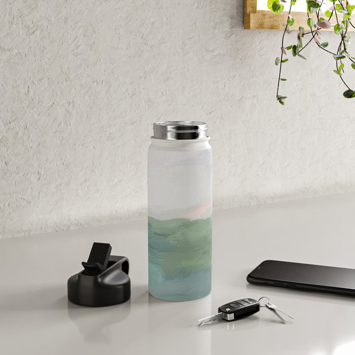 Farmland Sunset I - Seafoam Green Mint Black Blush Pink Abstract Nature Land Art Painting Water Bottle Gallery Image 4