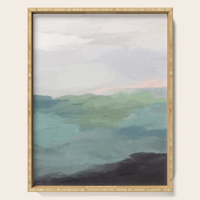 Farmland Sunset I - Seafoam Green Mint Black Blush Pink Abstract Nature Land Art Painting Serving Tray Gallery Image 1