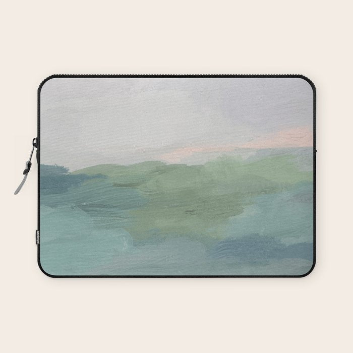 Farmland Sunset I - Seafoam Green Mint Black Blush Pink Abstract Nature Land Art Painting Laptop Sleeve Gallery Image 1