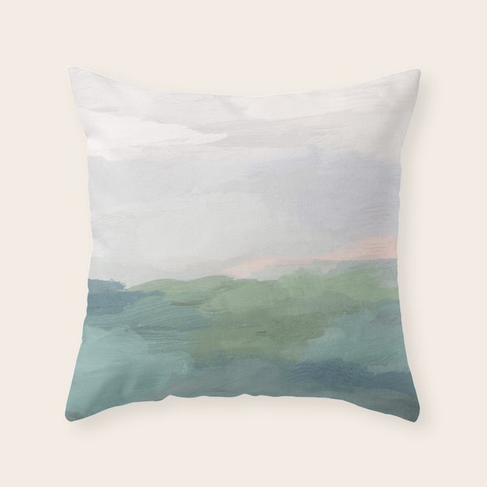 Farmland Sunset I - Seafoam Green Mint Black Blush Pink Abstract Nature Land Art Painting Throw Pillow Gallery Image 1
