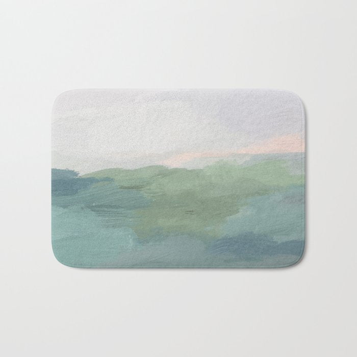 Farmland Sunset I - Seafoam Green Mint Black Blush Pink Abstract Nature Land Art Painting Bath Mat Gallery Image 1