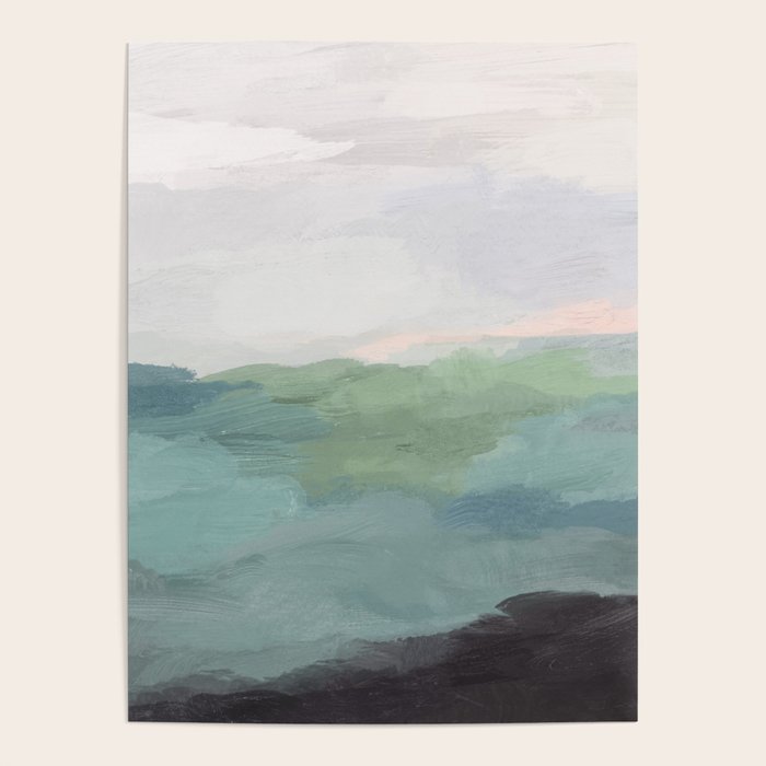 Farmland Sunset I - Seafoam Green Mint Black Blush Pink Abstract Nature Land Art Painting Poster Gallery Image 4