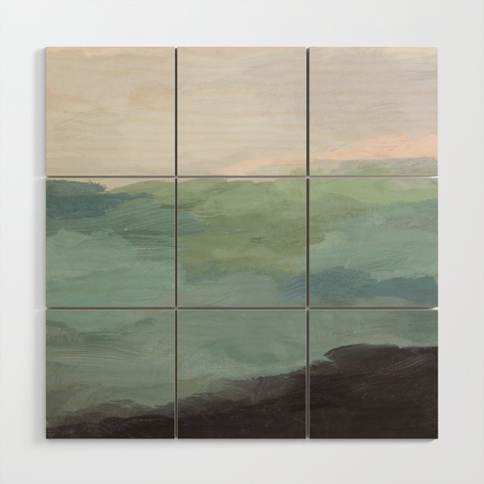 Farmland Sunset I - Seafoam Green Mint Black Blush Pink Abstract Nature Land Art Painting Wood Wall Art Gallery Image 1