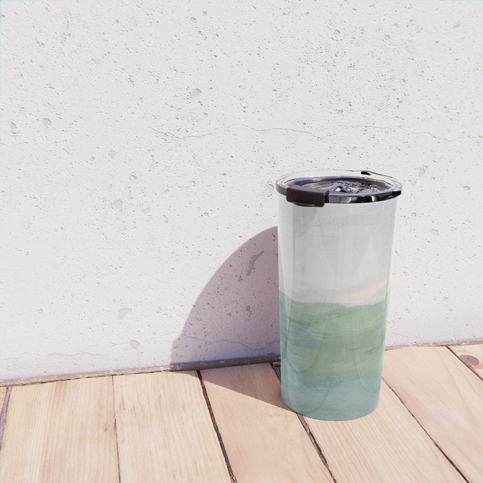 Farmland Sunset I - Seafoam Green Mint Black Blush Pink Abstract Nature Land Art Painting Travel Mug Gallery Image 4