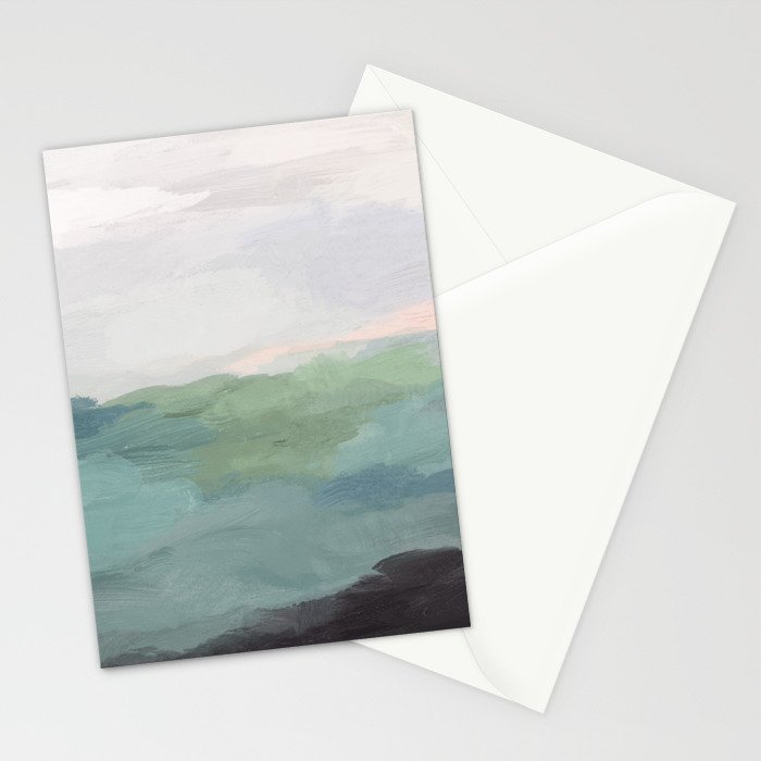 Farmland Sunset I - Seafoam Green Mint Black Blush Pink Abstract Nature Land Art Painting Stationery Card Gallery Image 2