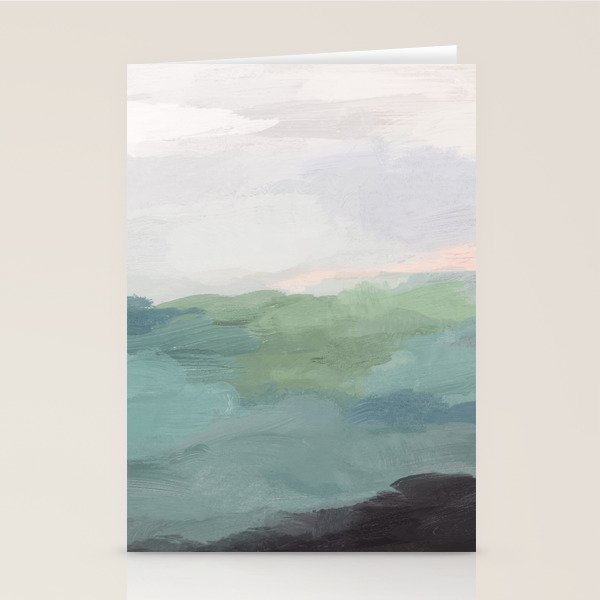 Farmland Sunset I - Seafoam Green Mint Black Blush Pink Abstract Nature Land Art Painting Stationery Card Gallery Image 2