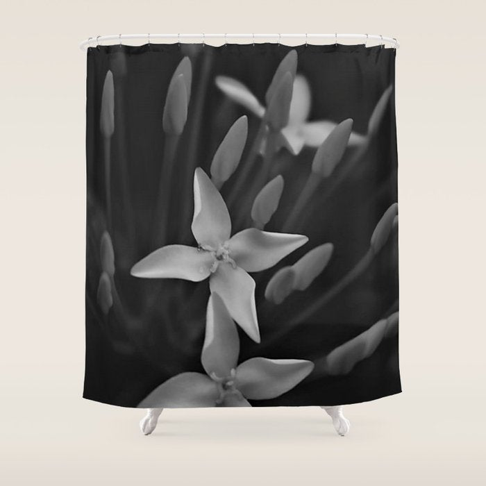 West Indian Jasmine 4-petaled flowers black and white photography / photograph Shower Curtain Gallery Image 1