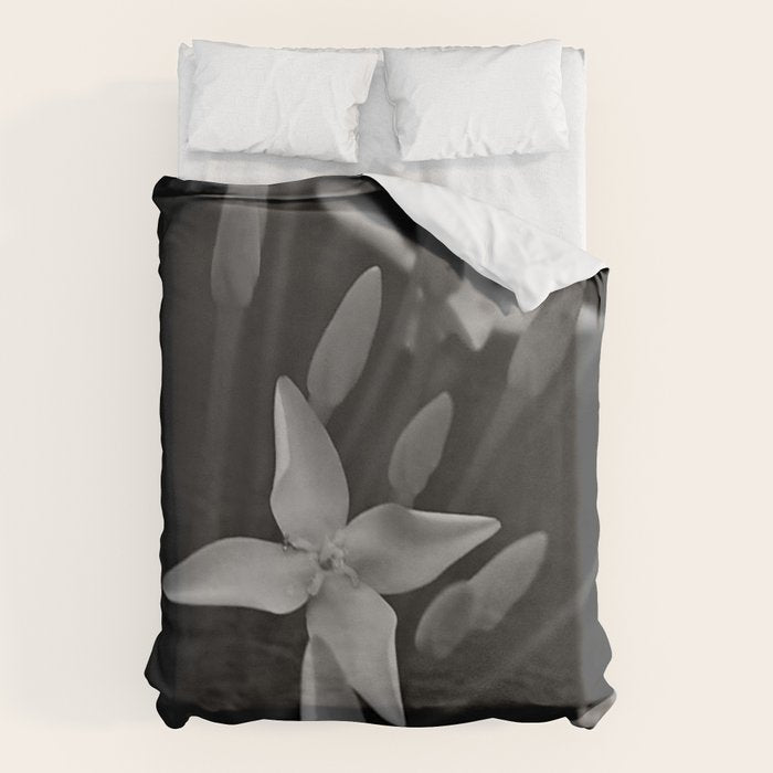 West Indian Jasmine 4-petaled flowers black and white photography / photograph Duvet Cover Gallery Image 1