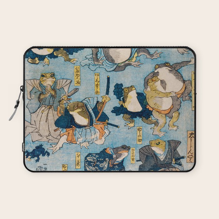 Woodblock Hero Frogs Vintage Illustration  by Utagawa Kuniyoshi Ukiyo-e Style Samurai Sword Kung Fu Laptop Sleeve Gallery Image 1