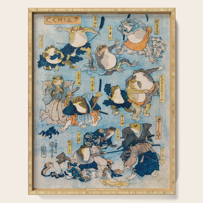 Woodblock Hero Frogs Vintage Illustration  by Utagawa Kuniyoshi Ukiyo-e Style Samurai Sword Kung Fu Serving Tray Gallery Image 1