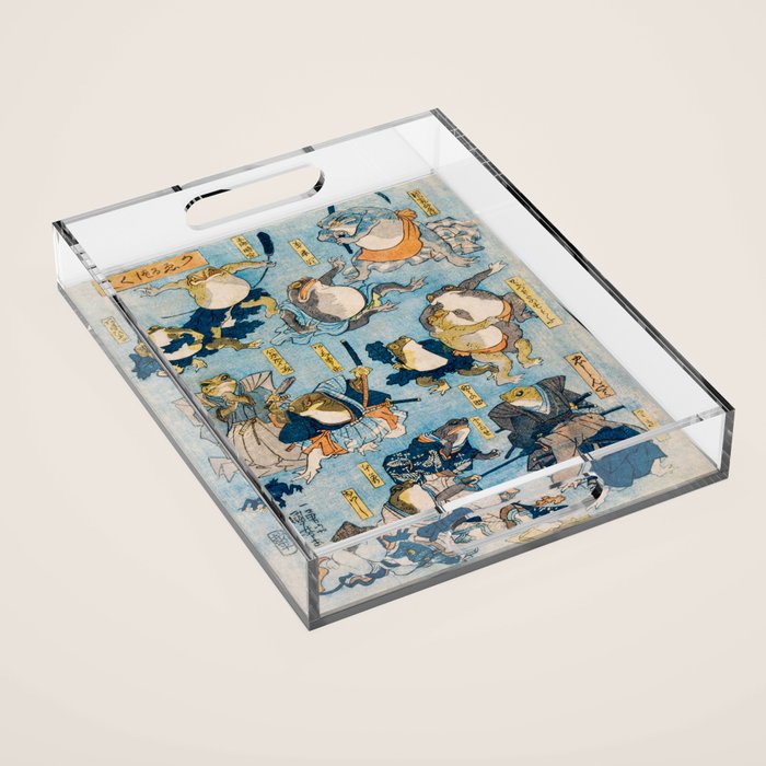 Woodblock Hero Frogs Vintage Illustration  by Utagawa Kuniyoshi Ukiyo-e Style Samurai Sword Kung Fu Acrylic Tray Gallery Image 1