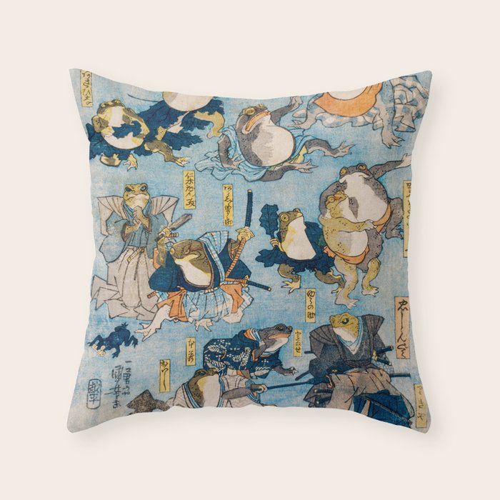 Woodblock Hero Frogs Vintage Illustration  by Utagawa Kuniyoshi Ukiyo-e Style Samurai Sword Kung Fu Throw Pillow Gallery Image 1