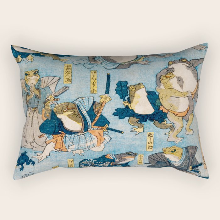 Woodblock Hero Frogs Vintage Illustration  by Utagawa Kuniyoshi Ukiyo-e Style Samurai Sword Kung Fu Rectangular Pillow Gallery Image 1