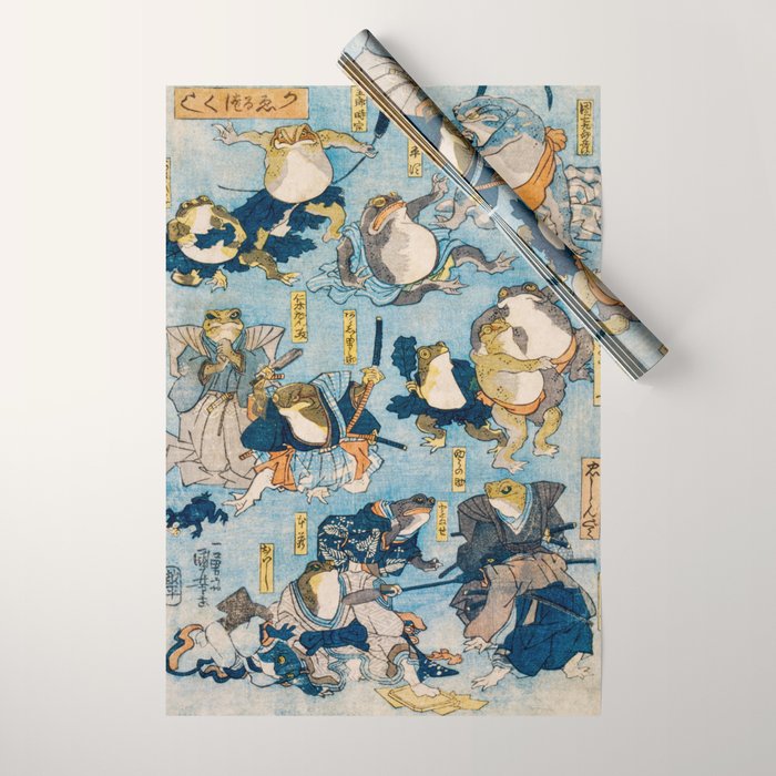 Woodblock Hero Frogs Vintage Illustration  by Utagawa Kuniyoshi Ukiyo-e Style Samurai Sword Kung Fu Wrapping Paper Gallery Image 1