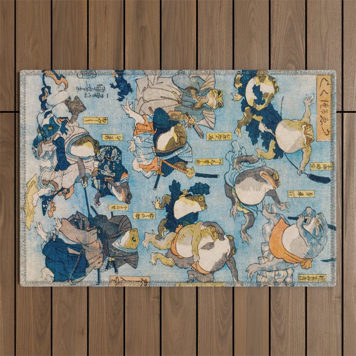 Woodblock Hero Frogs Vintage Illustration  by Utagawa Kuniyoshi Ukiyo-e Style Samurai Sword Kung Fu Outdoor Rug Gallery Image 1