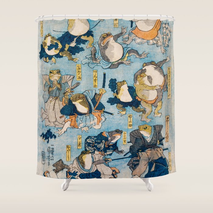 Woodblock Hero Frogs Vintage Illustration  by Utagawa Kuniyoshi Ukiyo-e Style Samurai Sword Kung Fu Shower Curtain