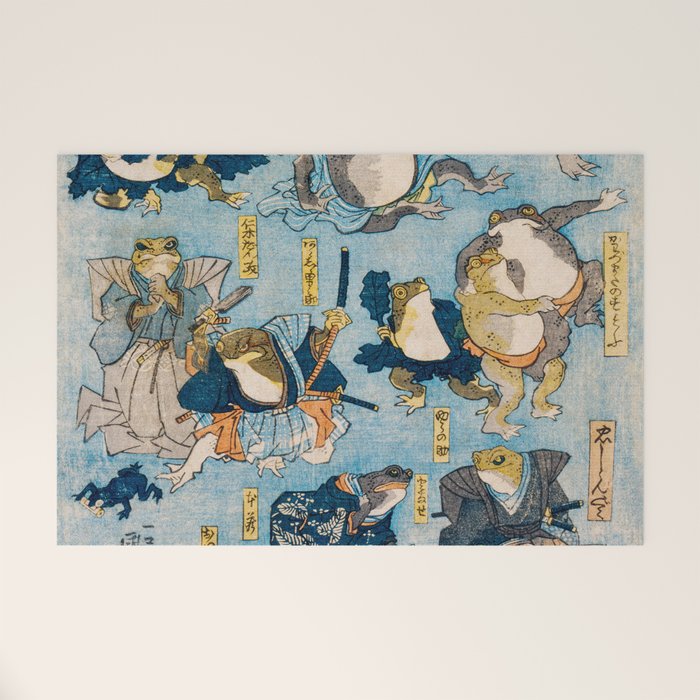 Woodblock Hero Frogs Vintage Illustration  by Utagawa Kuniyoshi Ukiyo-e Style Samurai Sword Kung Fu Welcome Mat Gallery Image 1