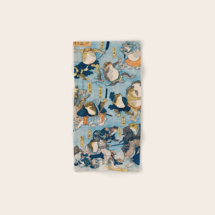 Woodblock Hero Frogs Vintage Illustration  by Utagawa Kuniyoshi Ukiyo-e Style Samurai Sword Kung Fu Bath Towel Gallery Image 1