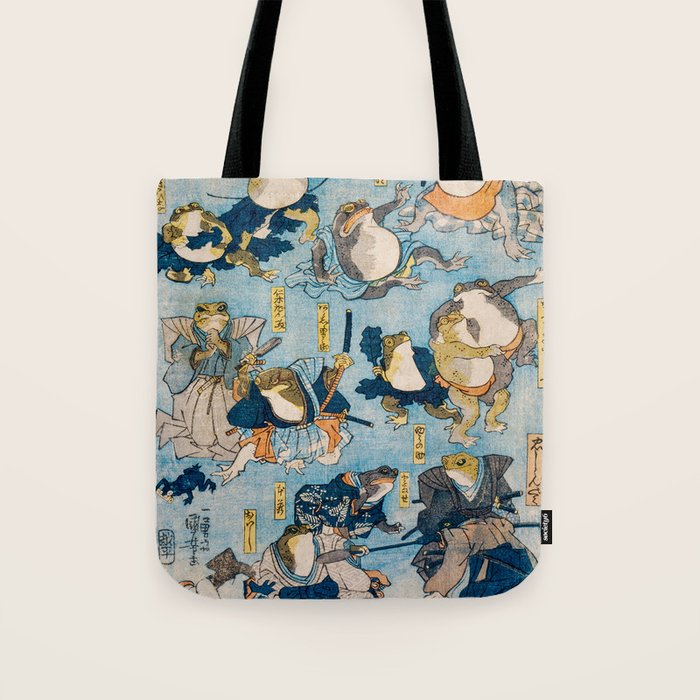 Woodblock Hero Frogs Vintage Illustration  by Utagawa Kuniyoshi Ukiyo-e Style Samurai Sword Kung Fu Tote Bag Gallery Image 1