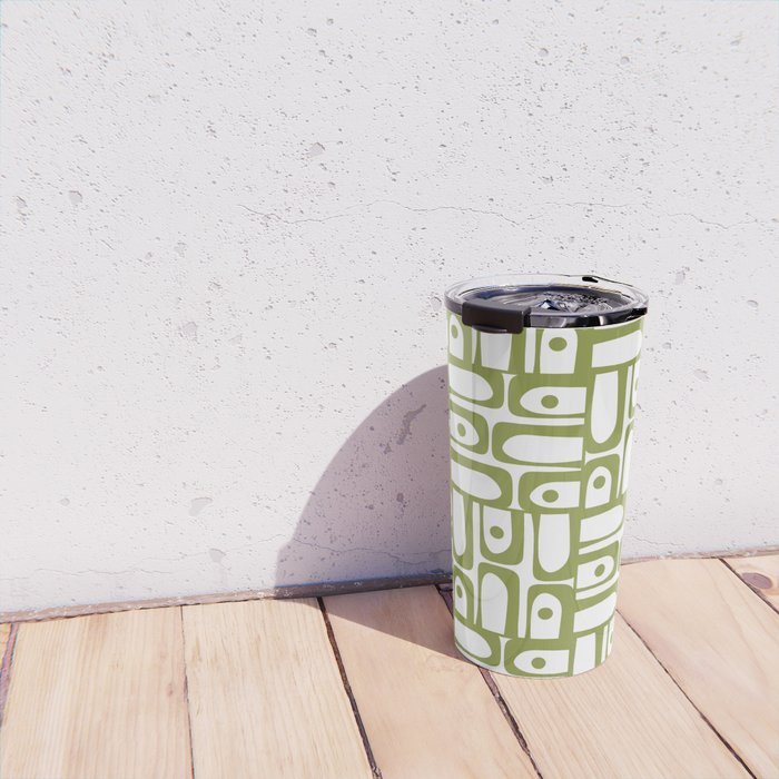 Mid Century Modern Piquet Multi Abstract Geometric Pattern in Mid Mod Martini Olive Green and White Travel Mug Gallery Image 4