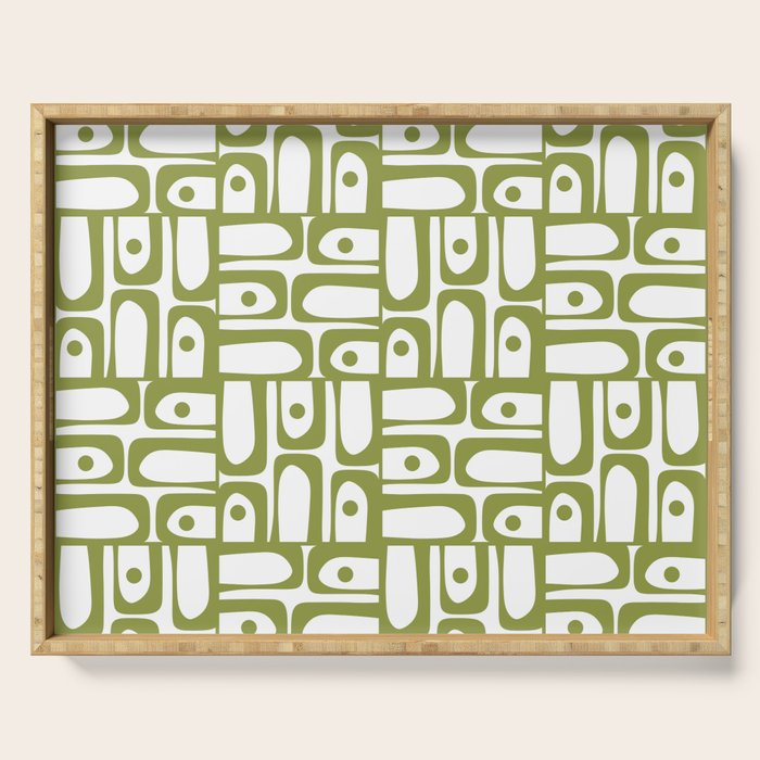 Mid Century Modern Piquet Multi Abstract Geometric Pattern in Mid Mod Martini Olive Green and White Serving Tray Gallery Image 1