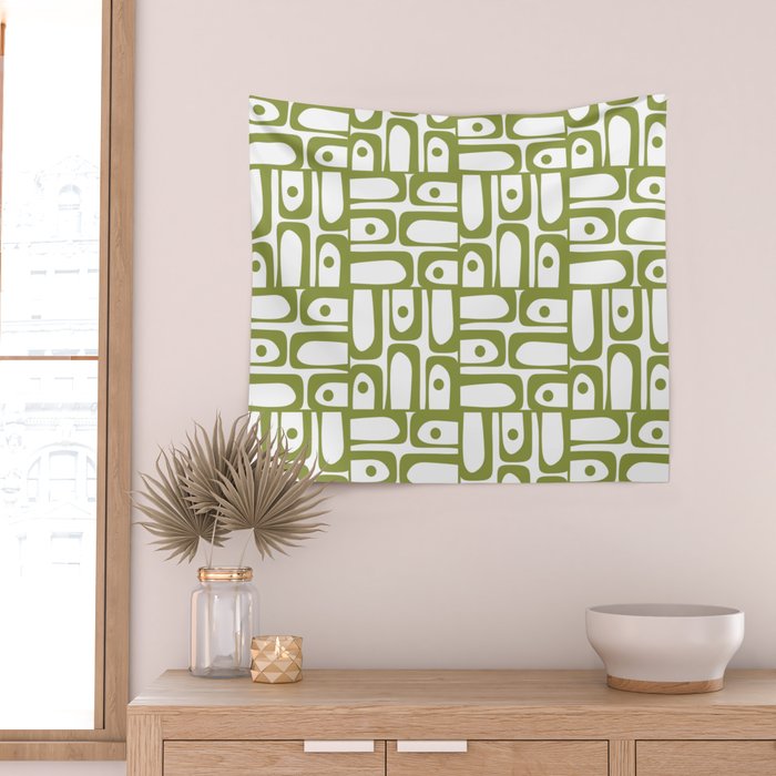 Mid Century Modern Piquet Multi Abstract Geometric Pattern in Mid Mod Martini Olive Green and White Wall Tapestry Gallery Image 2