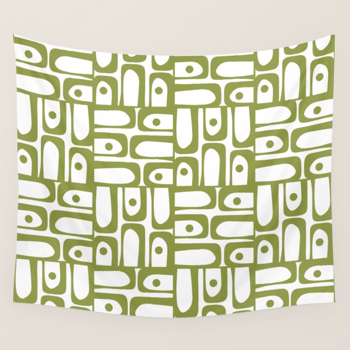 Mid Century Modern Piquet Multi Abstract Geometric Pattern in Mid Mod Martini Olive Green and White Wall Tapestry Gallery Image 4