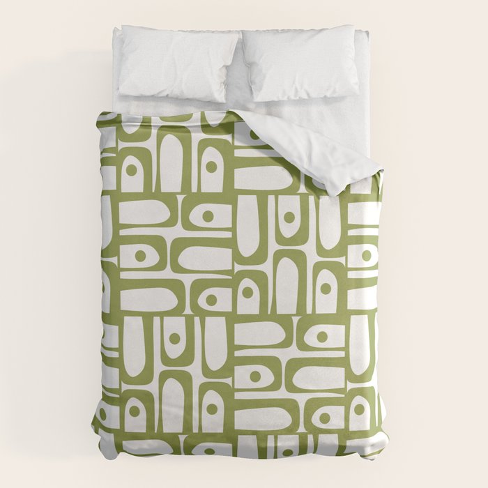 Mid Century Modern Piquet Multi Abstract Geometric Pattern in Mid Mod Martini Olive Green and White Duvet Cover Gallery Image 6