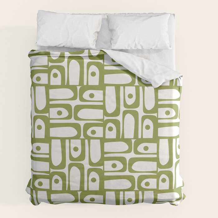Mid Century Modern Piquet Multi Abstract Geometric Pattern in Mid Mod Martini Olive Green and White Duvet Cover Gallery Image 2