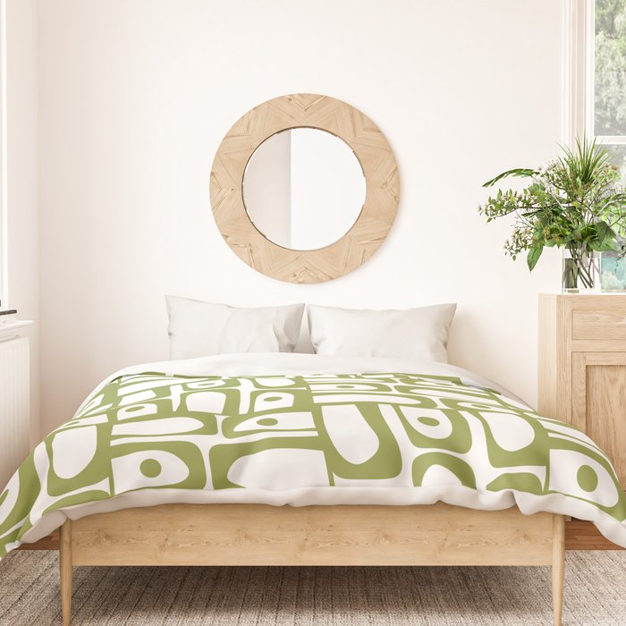 Mid Century Modern Piquet Multi Abstract Geometric Pattern in Mid Mod Martini Olive Green and White Duvet Cover Gallery Image 3