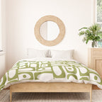 Mid Century Modern Piquet Multi Abstract Geometric Pattern in Mid Mod Martini Olive Green and White Duvet Cover Gallery Image 3