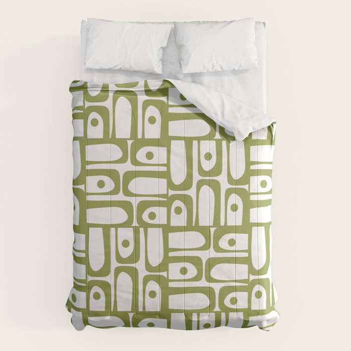 Mid Century Modern Piquet Multi Abstract Geometric Pattern in Mid Mod Martini Olive Green and White Comforter Gallery Image 6